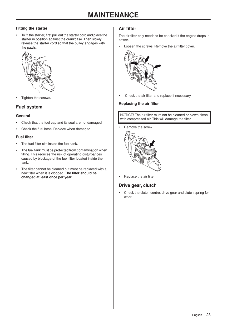 Fuel system, Air filter, Drive gear, clutch | Maintenance | Husqvarna K 970 RESCUE User Manual | Page 23 / 28