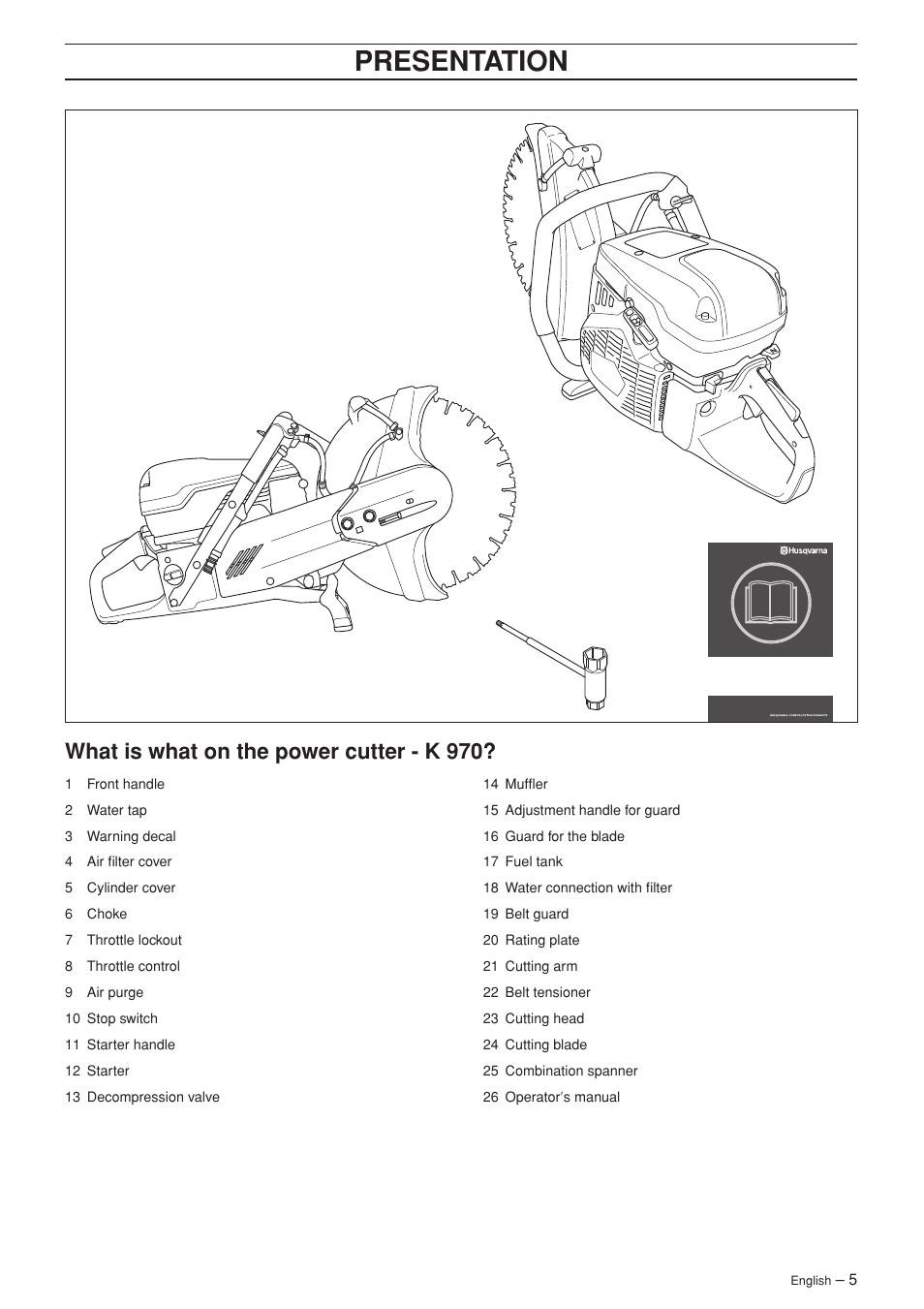 Presentation, What is what on the power cutter - k 970 | Husqvarna K 970 RESCUE User Manual | Page 5 / 28