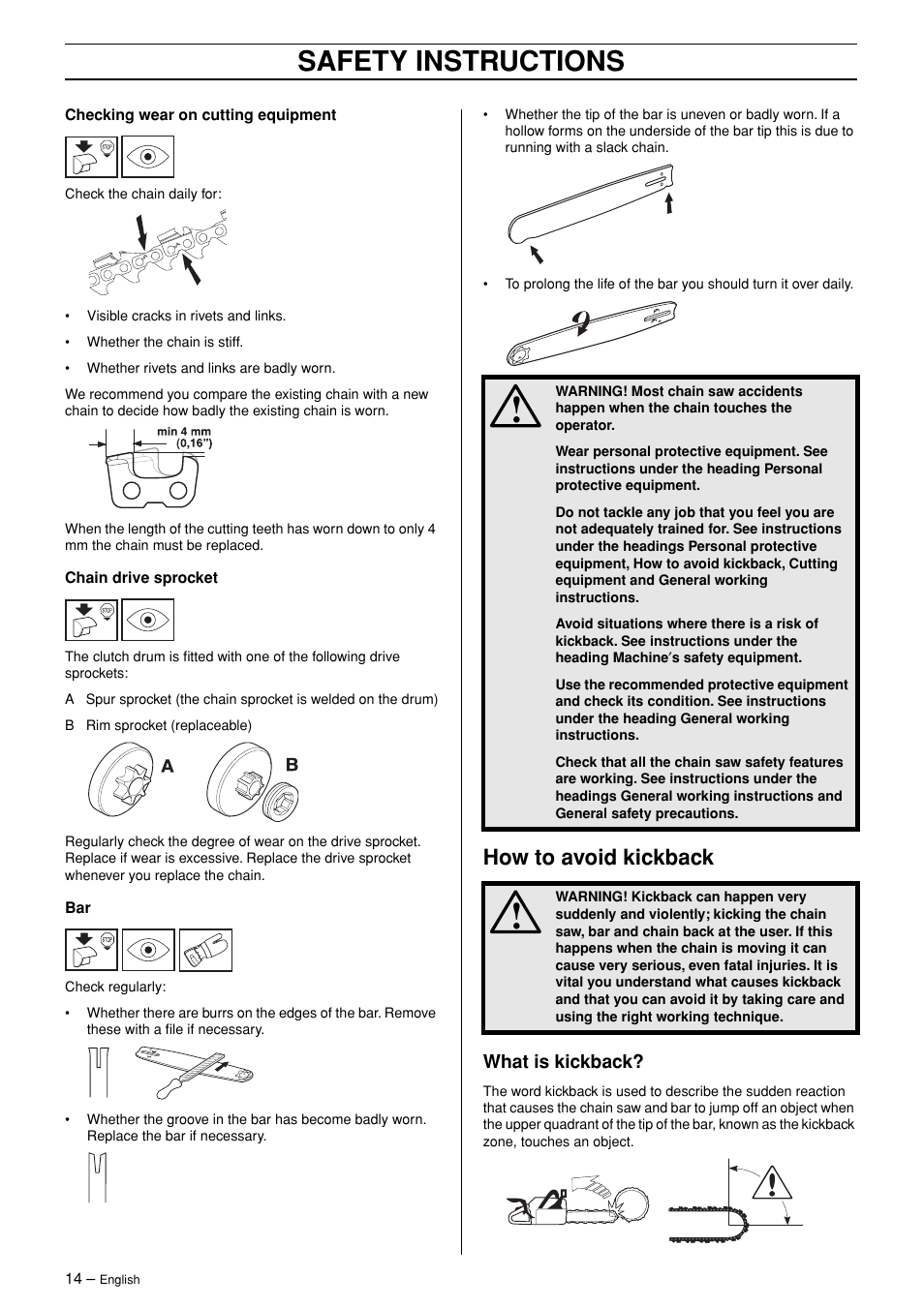 How to avoid kickback, What is kickback, Safety instructions | Husqvarna TAC 345 User Manual | Page 14 / 36