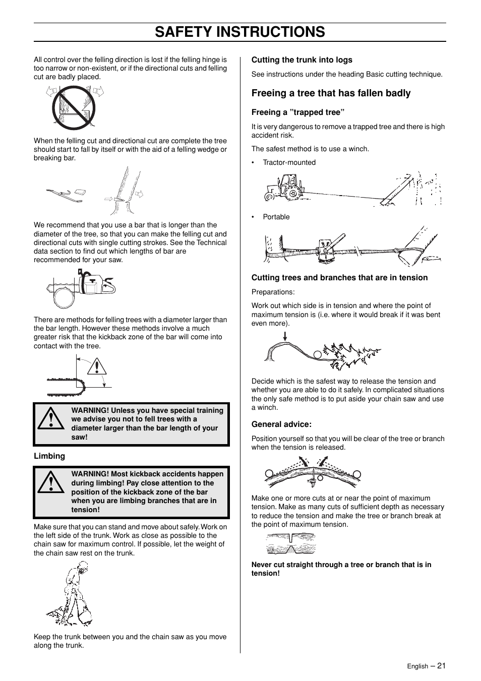 Freeing a tree that has fallen badly, Safety instructions | Husqvarna TAC 345 User Manual | Page 21 / 36