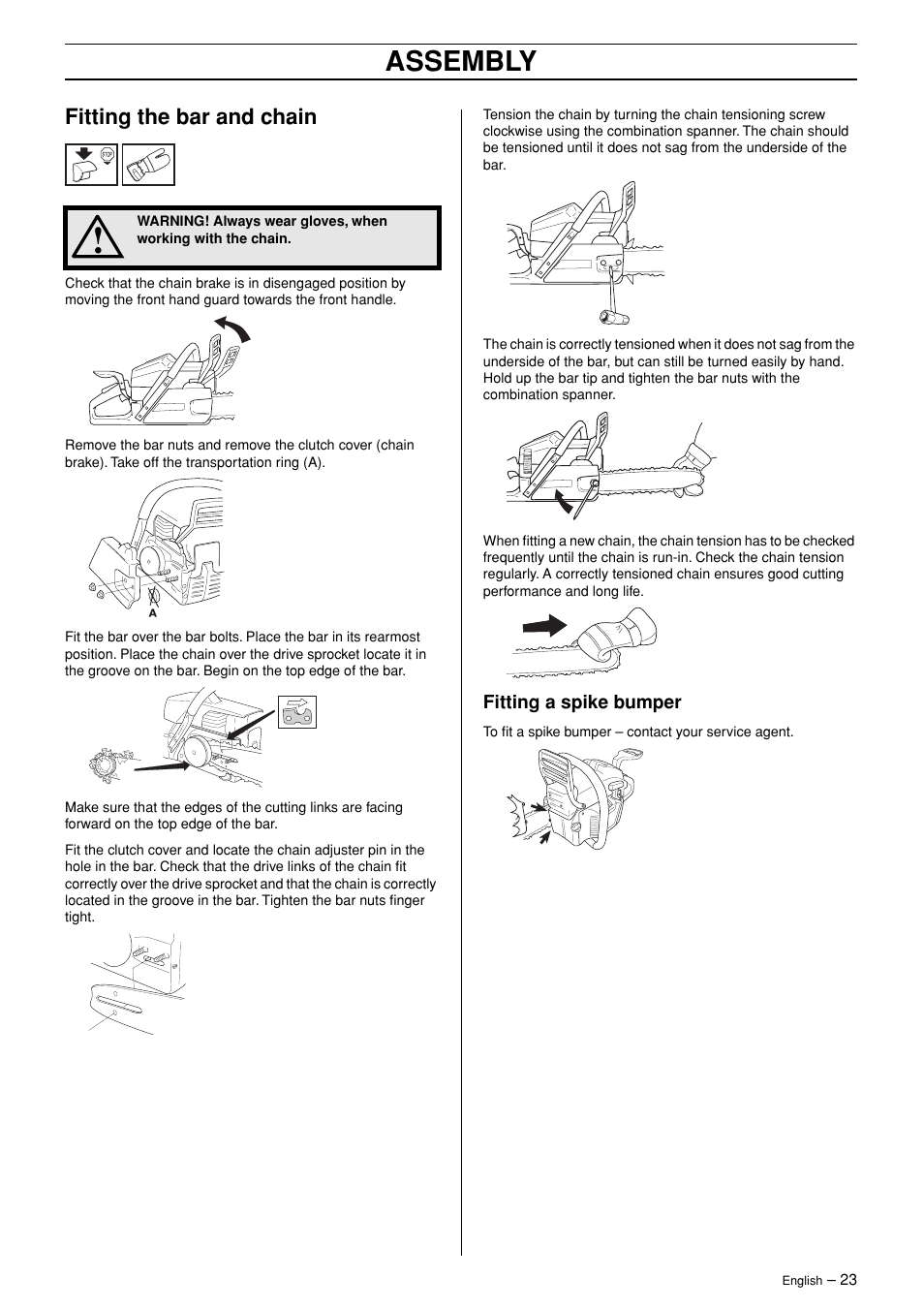 Fitting the bar and chain, Fitting a spike bumper, Assembly | Husqvarna TAC 345 User Manual | Page 23 / 36