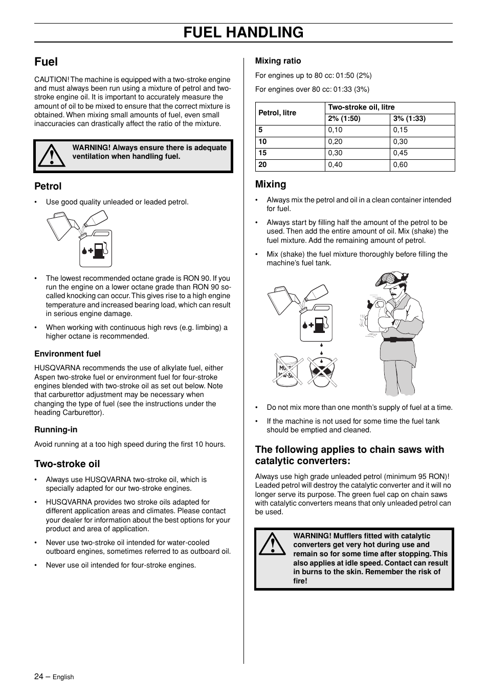 Fuel, Petrol, Two-stroke oil | Mixing, Fuel handling | Husqvarna TAC 345 User Manual | Page 24 / 36