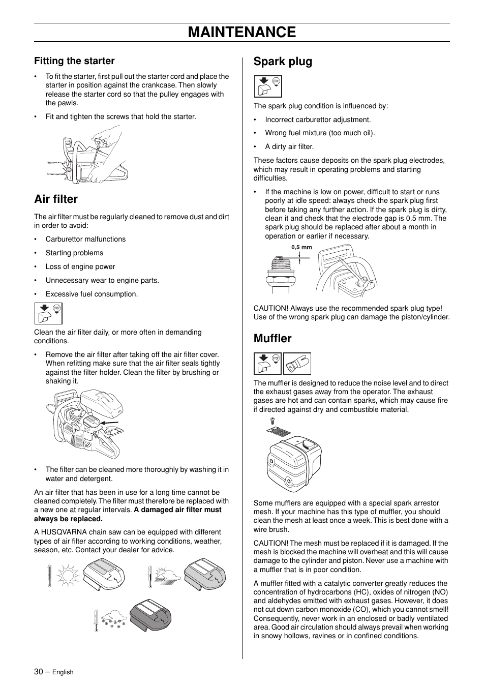 Fitting the starter, Air filter, Spark plug | Muffler, Maintenance | Husqvarna TAC 345 User Manual | Page 30 / 36