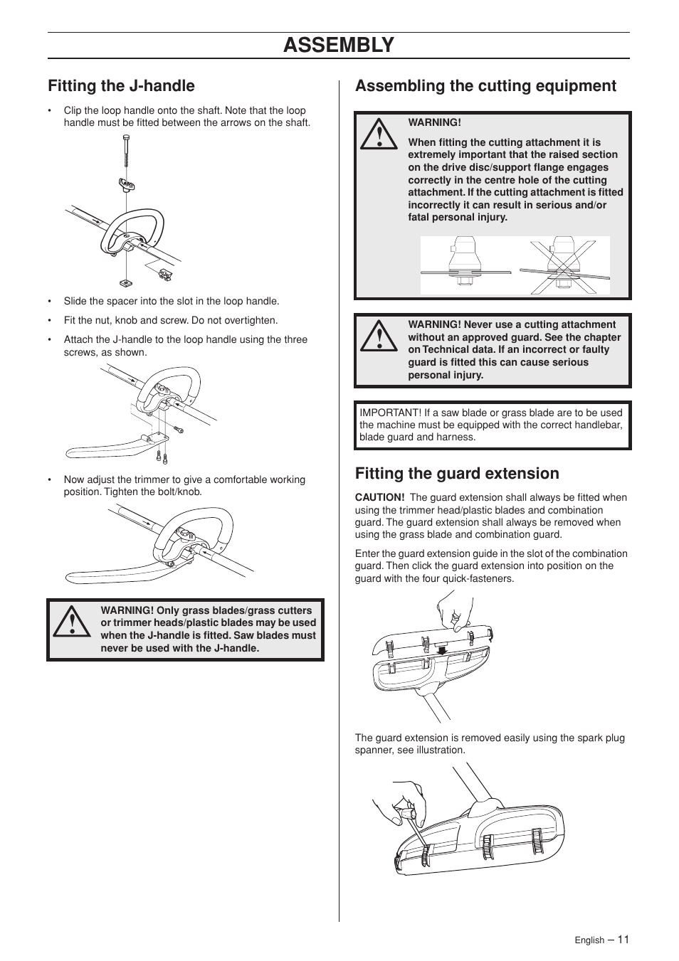 Fitting the j-handle, Assembling the cutting equipment, Fitting the guard extension | Assembly | Husqvarna 333RJ User Manual | Page 11 / 32