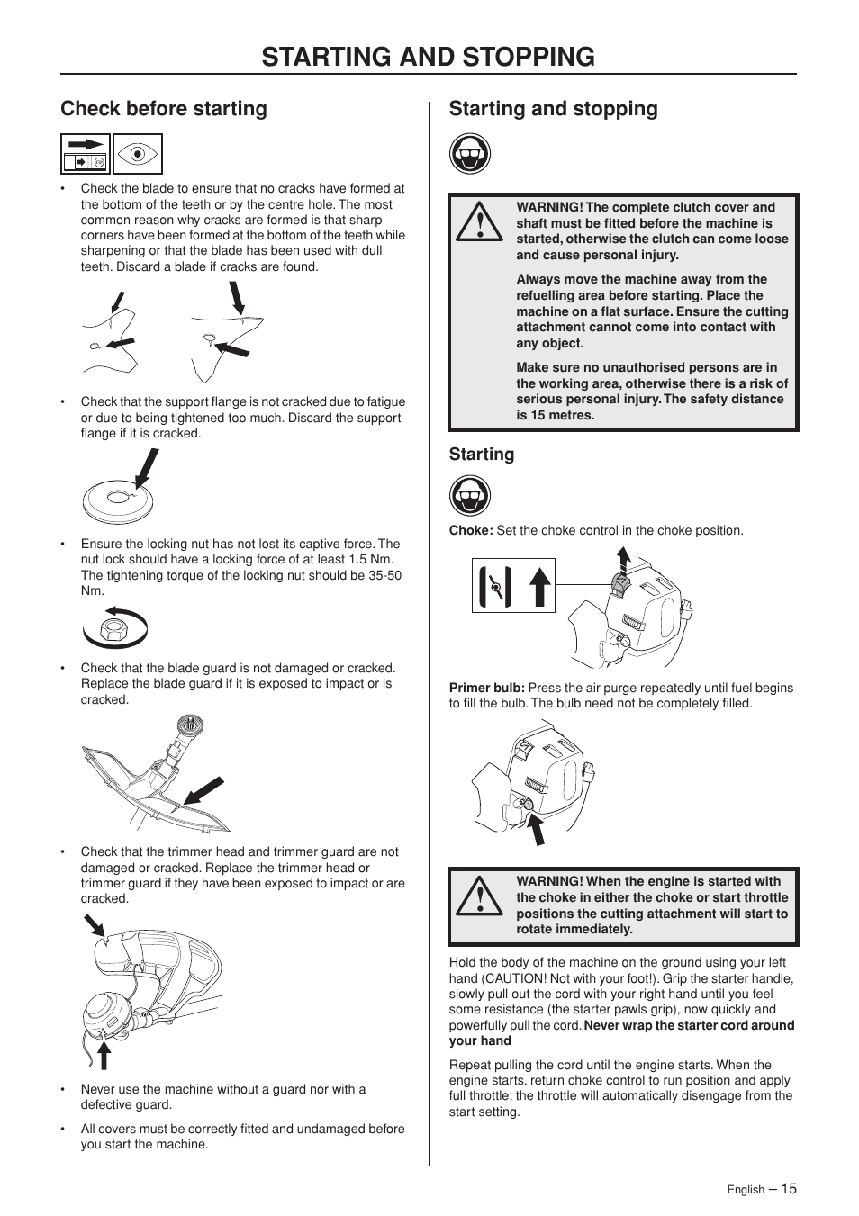 Check before starting, Starting and stopping, Starting | Husqvarna 333RJ User Manual | Page 15 / 32