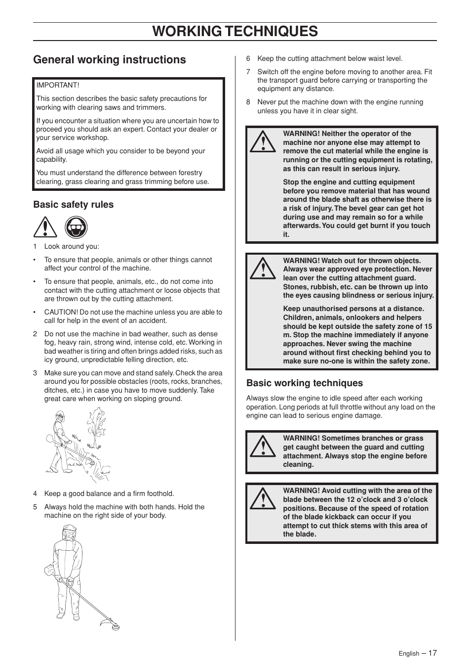 General working instructions, Basic safety rules, Basic working techniques | Working techniques | Husqvarna 333RJ User Manual | Page 17 / 32
