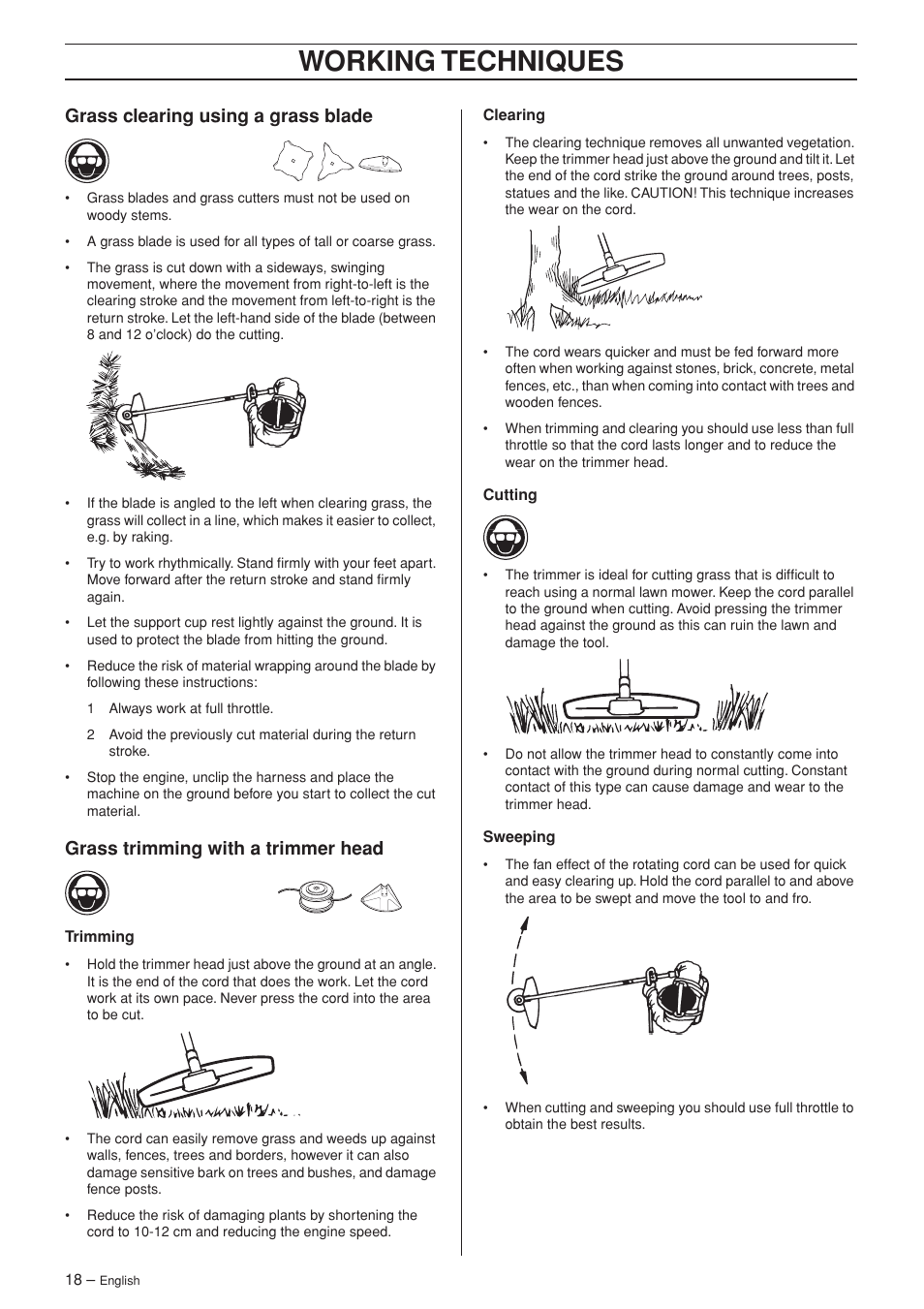 Grass clearing using a grass blade, Grass trimming with a trimmer head, Working techniques | Husqvarna 333RJ User Manual | Page 18 / 32