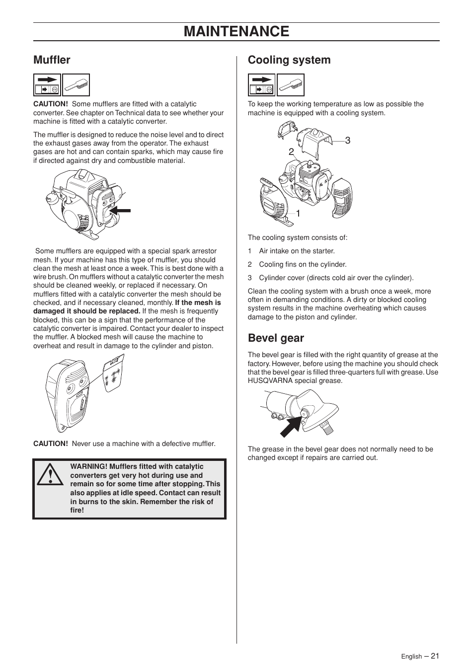 Muffler, Cooling system, Bevel gear | Maintenance | Husqvarna 333RJ User Manual | Page 21 / 32