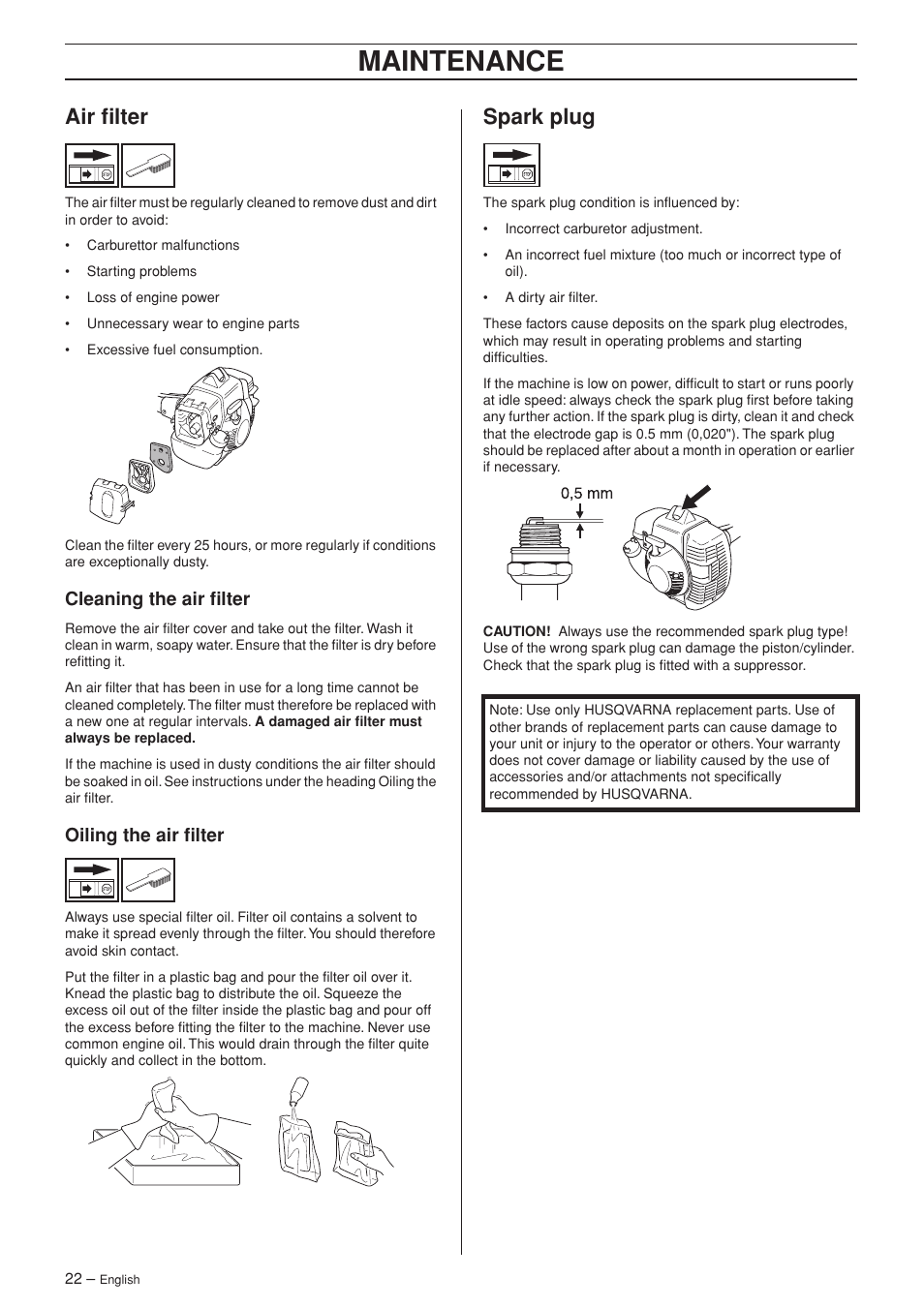 Air filter, Cleaning the air filter, Oiling the air filter | Spark plug, Maintenance | Husqvarna 333RJ User Manual | Page 22 / 32