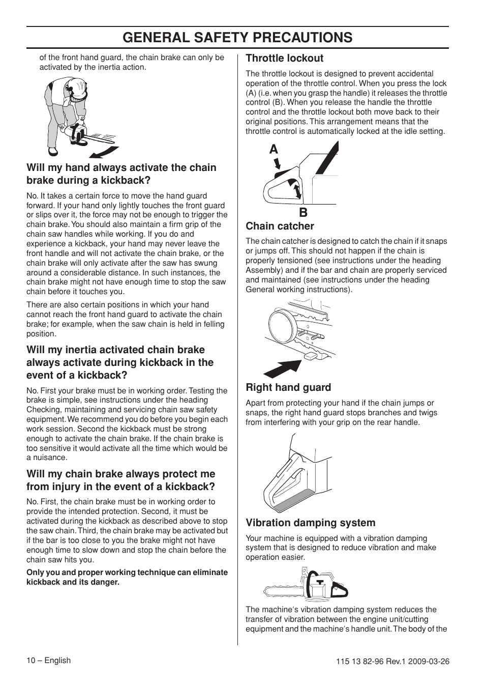Throttle lockout, Chain catcher, Right hand guard | Vibration damping system, General safety precautions | Husqvarna 115 13 82-96 User Manual | Page 10 / 92