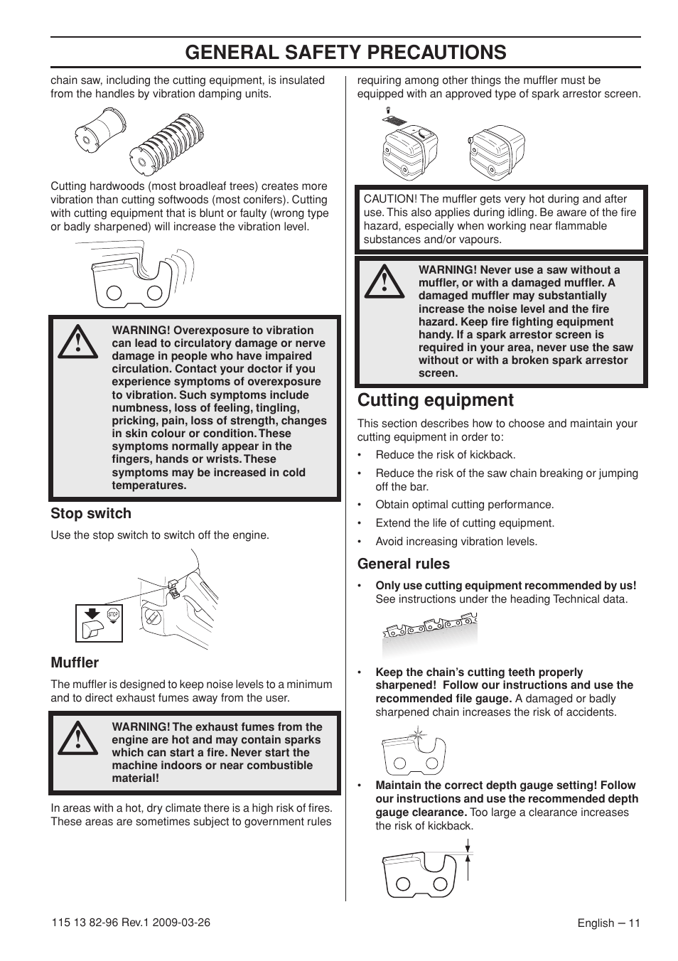 Stop switch, Muffler, Cutting equipment | General rules, General safety precautions | Husqvarna 115 13 82-96 User Manual | Page 11 / 92