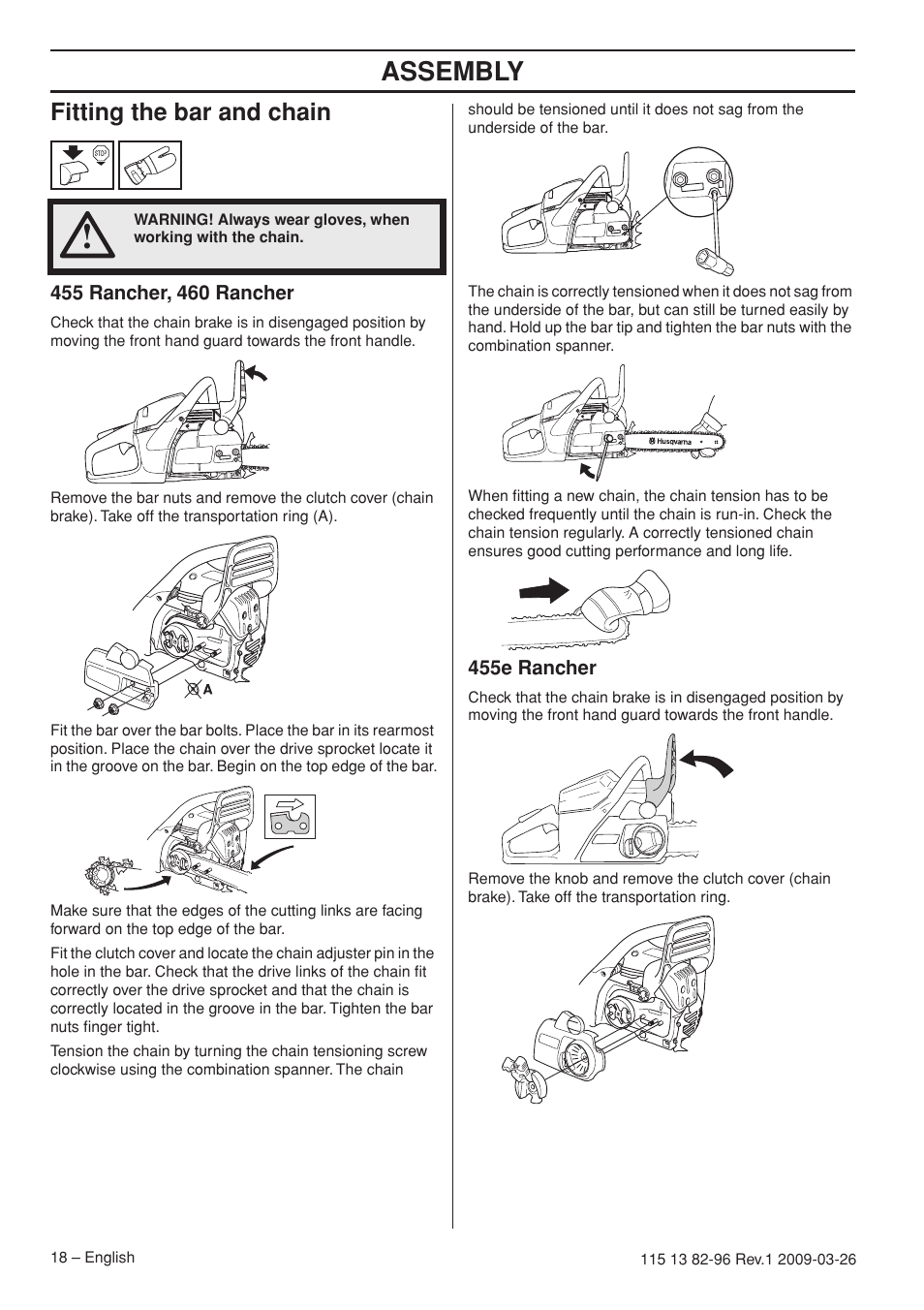 Fitting the bar and chain, 455 rancher, 460 rancher, 455e rancher | Assembly | Husqvarna 115 13 82-96 User Manual | Page 18 / 92