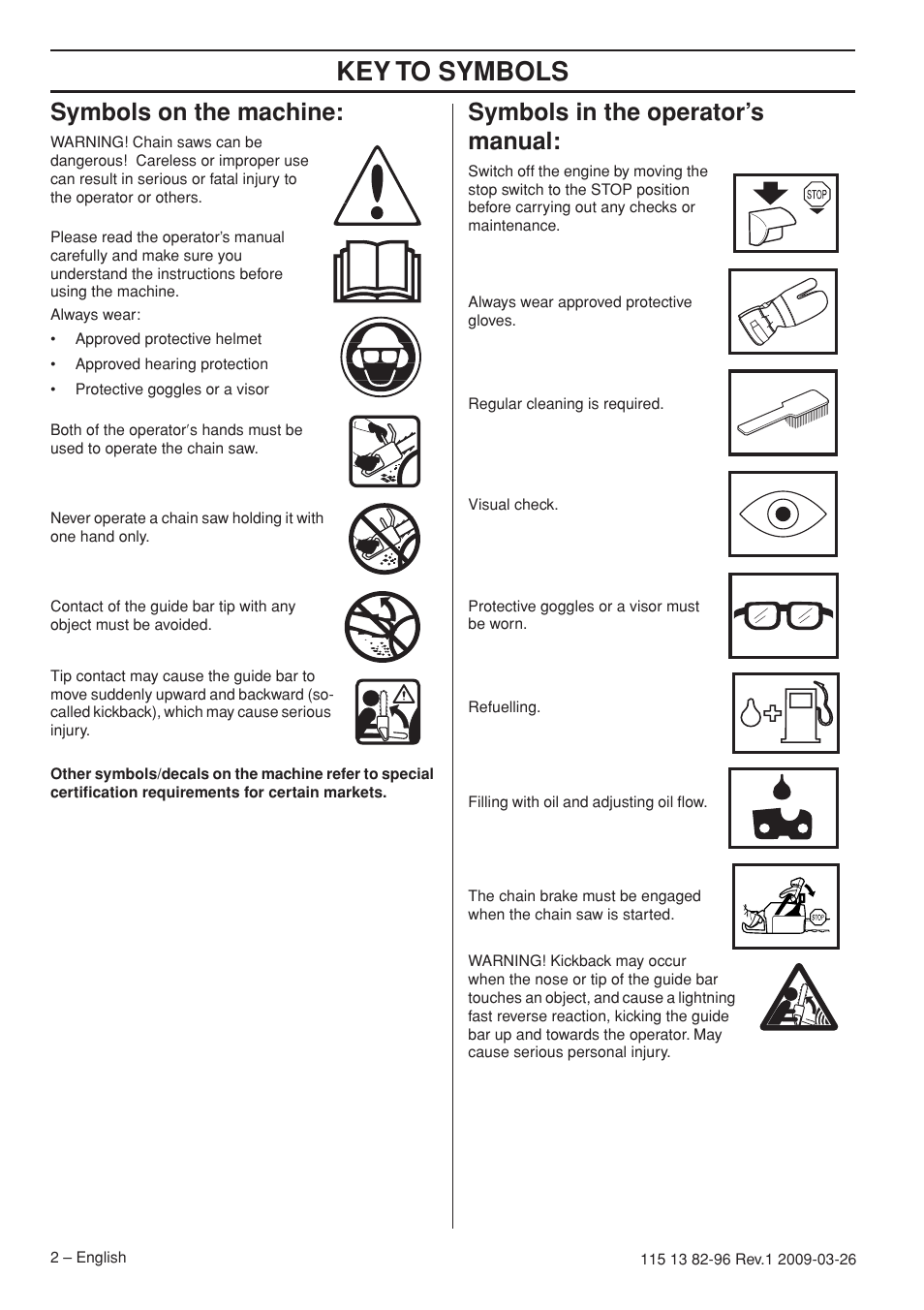 Symbols on the machine, Symbols in the operator’s manual, Key t o symbols | Symbols on the mac hine, Symbols in the operator’ s manual | Husqvarna 115 13 82-96 User Manual | Page 2 / 92