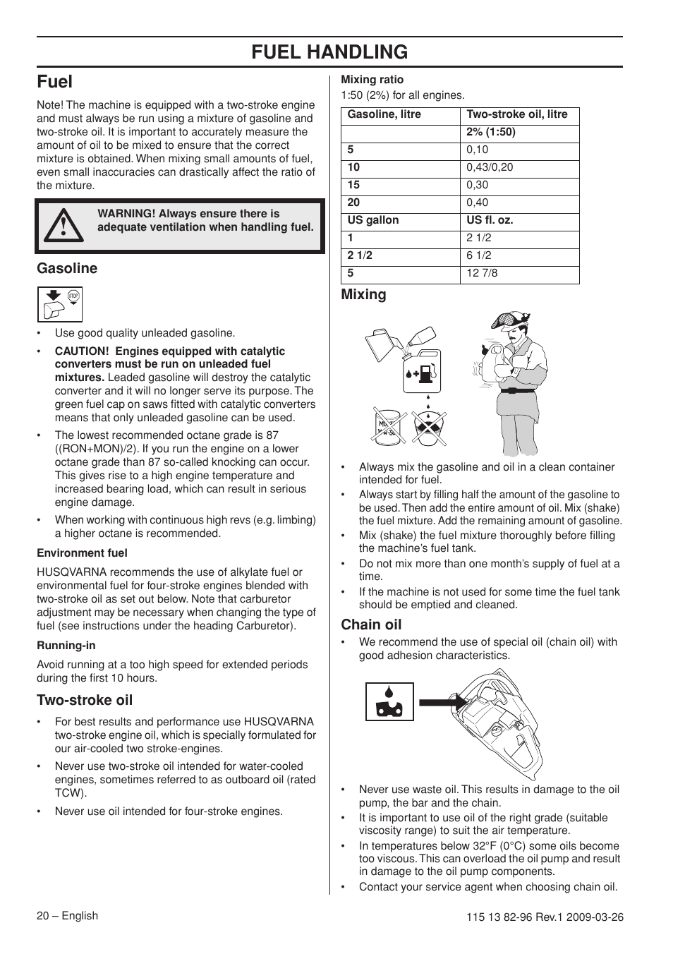 Fuel, Gasoline, Two-stroke oil | Mixing, Chain oil, Fuel handling | Husqvarna 115 13 82-96 User Manual | Page 20 / 92