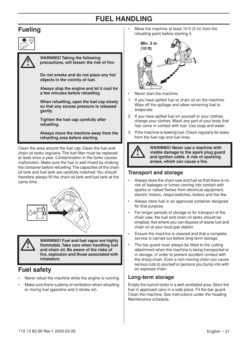 Fueling, Fuel safety, Transport and storage | Long-term storage, Fuel handling | Husqvarna 115 13 82-96 User Manual | Page 21 / 92