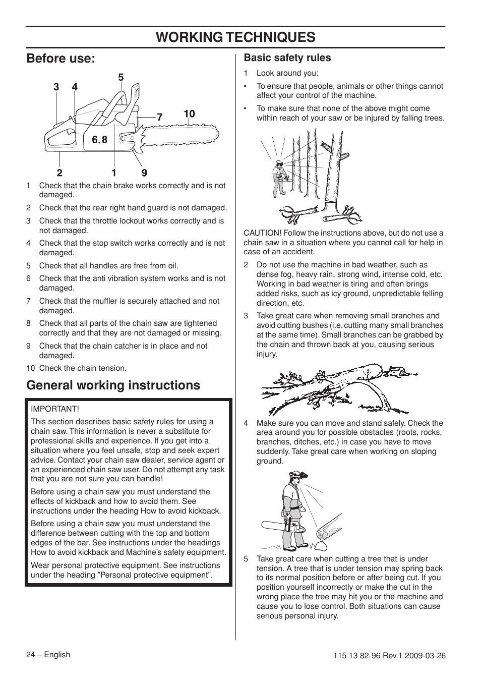 Before use, General working instructions, Basic safety rules | Working techniques | Husqvarna 115 13 82-96 User Manual | Page 24 / 92