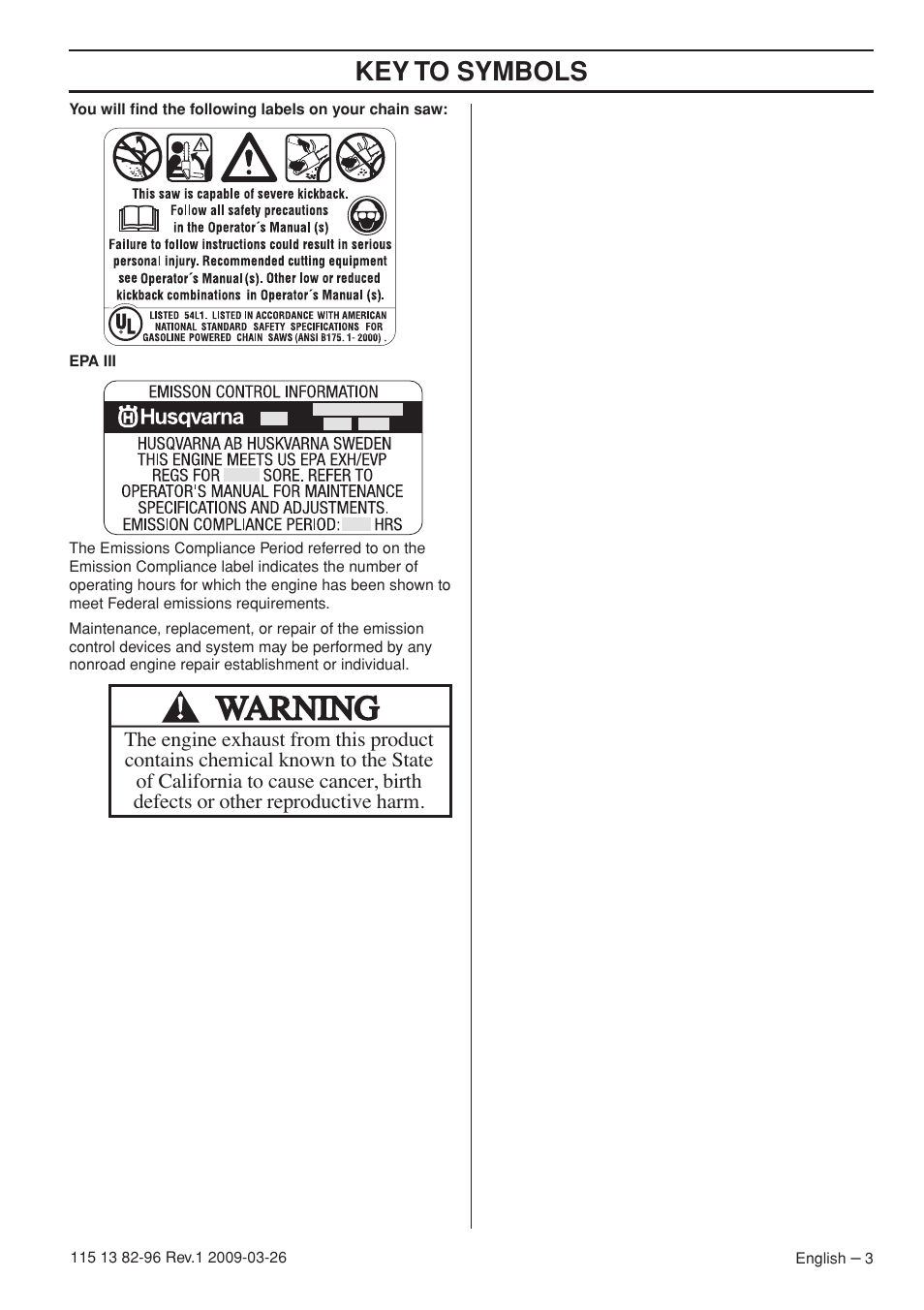 Key t o symbols | Husqvarna 115 13 82-96 User Manual | Page 3 / 92