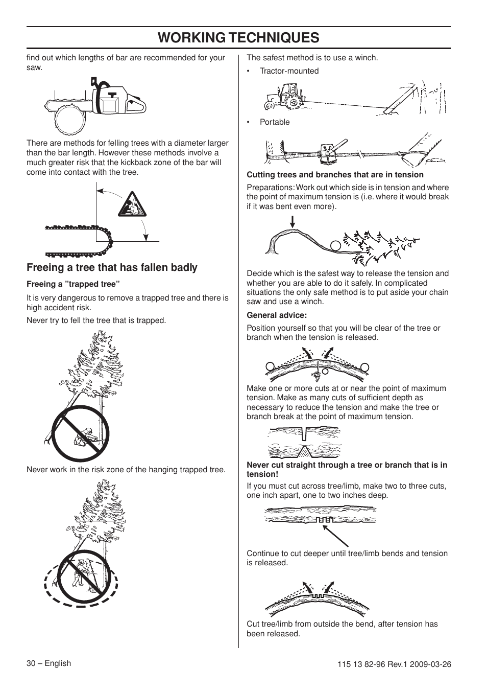 Freeing a tree that has fallen badly, Working techniques | Husqvarna 115 13 82-96 User Manual | Page 30 / 92