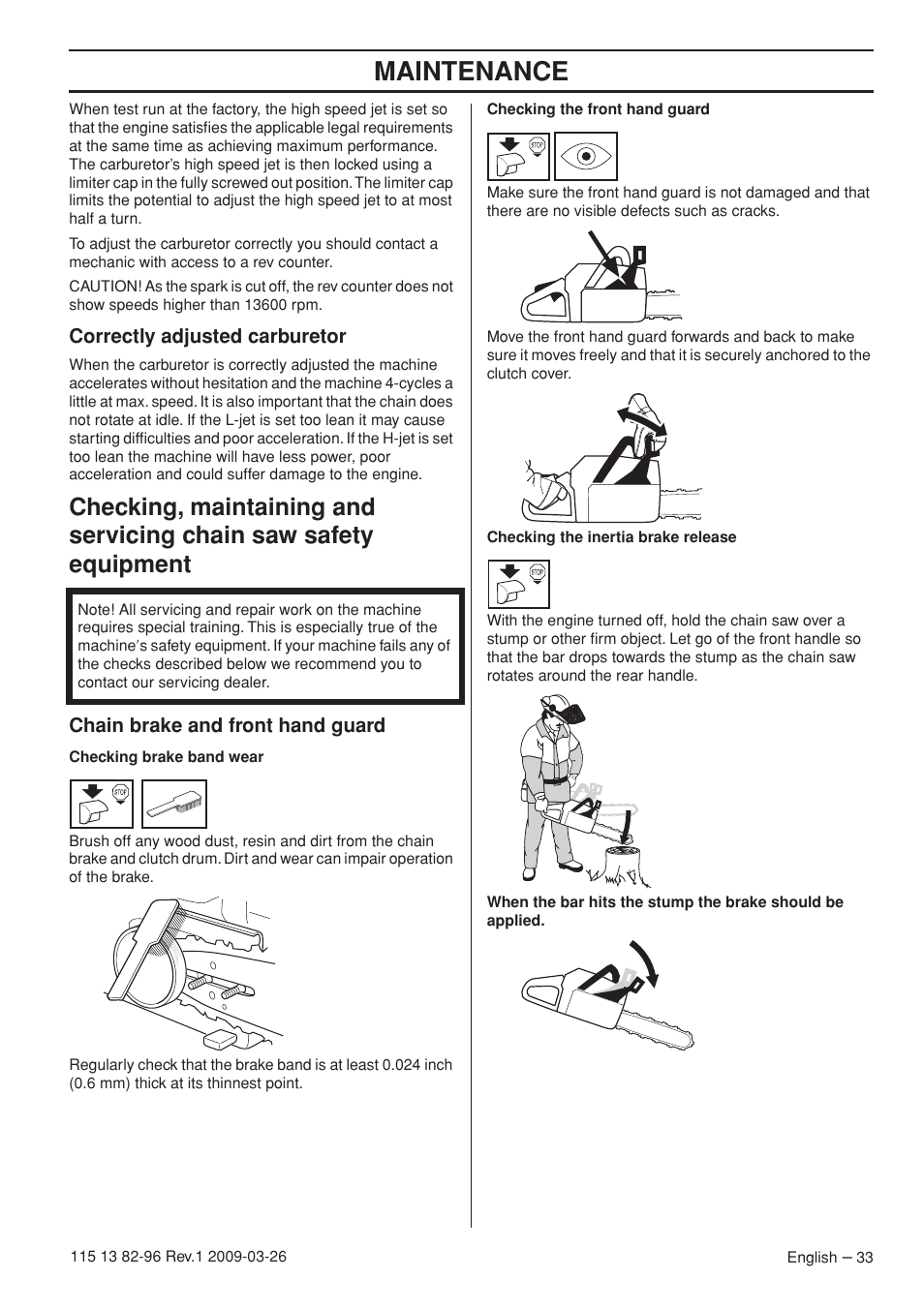 Correctly adjusted carburetor, Chain brake and front hand guard, Maintenance | Husqvarna 115 13 82-96 User Manual | Page 33 / 92