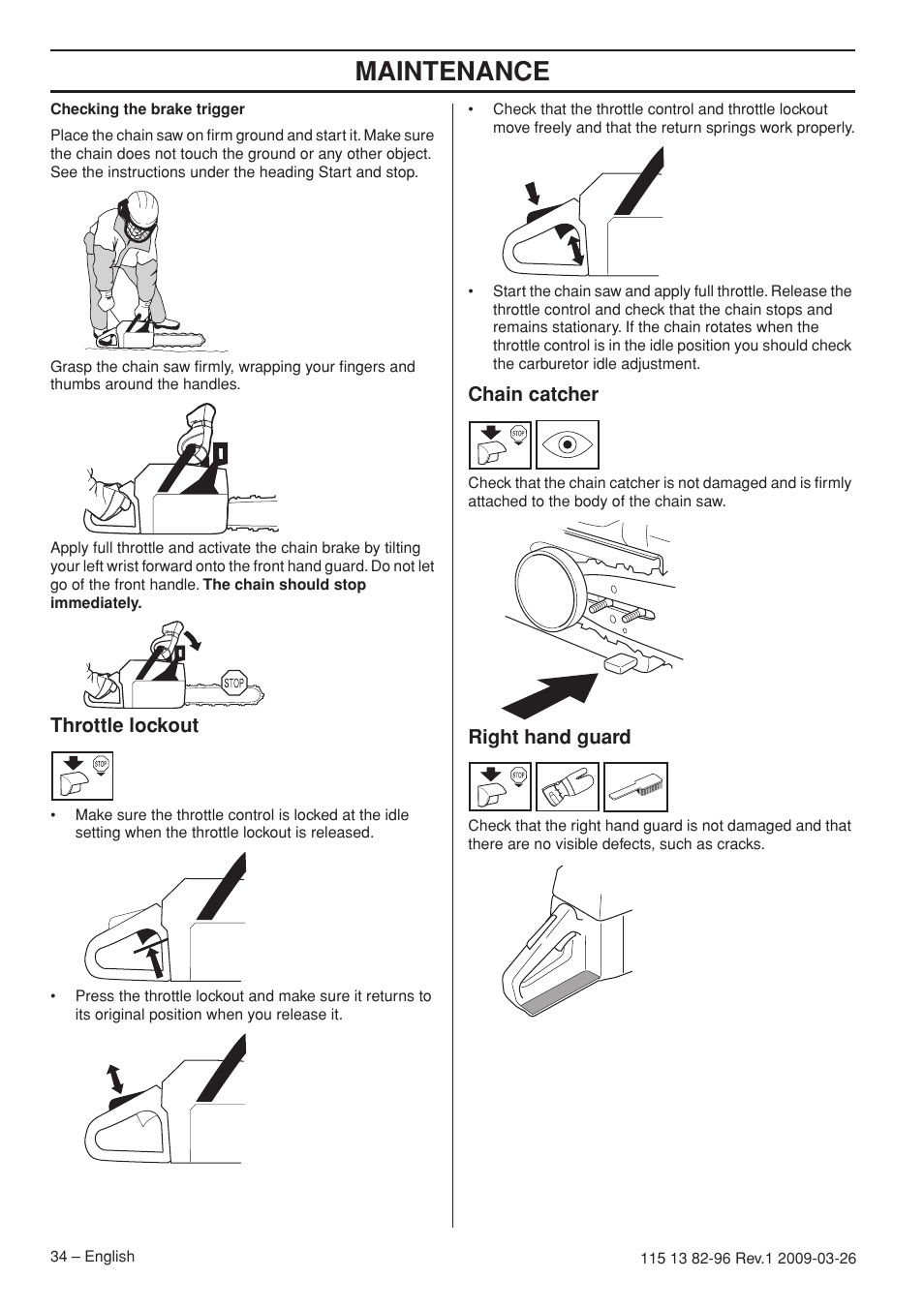 Throttle lockout, Chain catcher, Right hand guard | Maintenance | Husqvarna 115 13 82-96 User Manual | Page 34 / 92