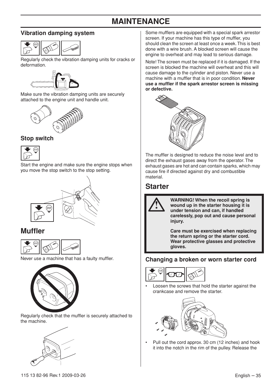 Vibration damping system, Stop switch, Muffler | Starter, Changing a broken or worn starter cord, Maintenance | Husqvarna 115 13 82-96 User Manual | Page 35 / 92