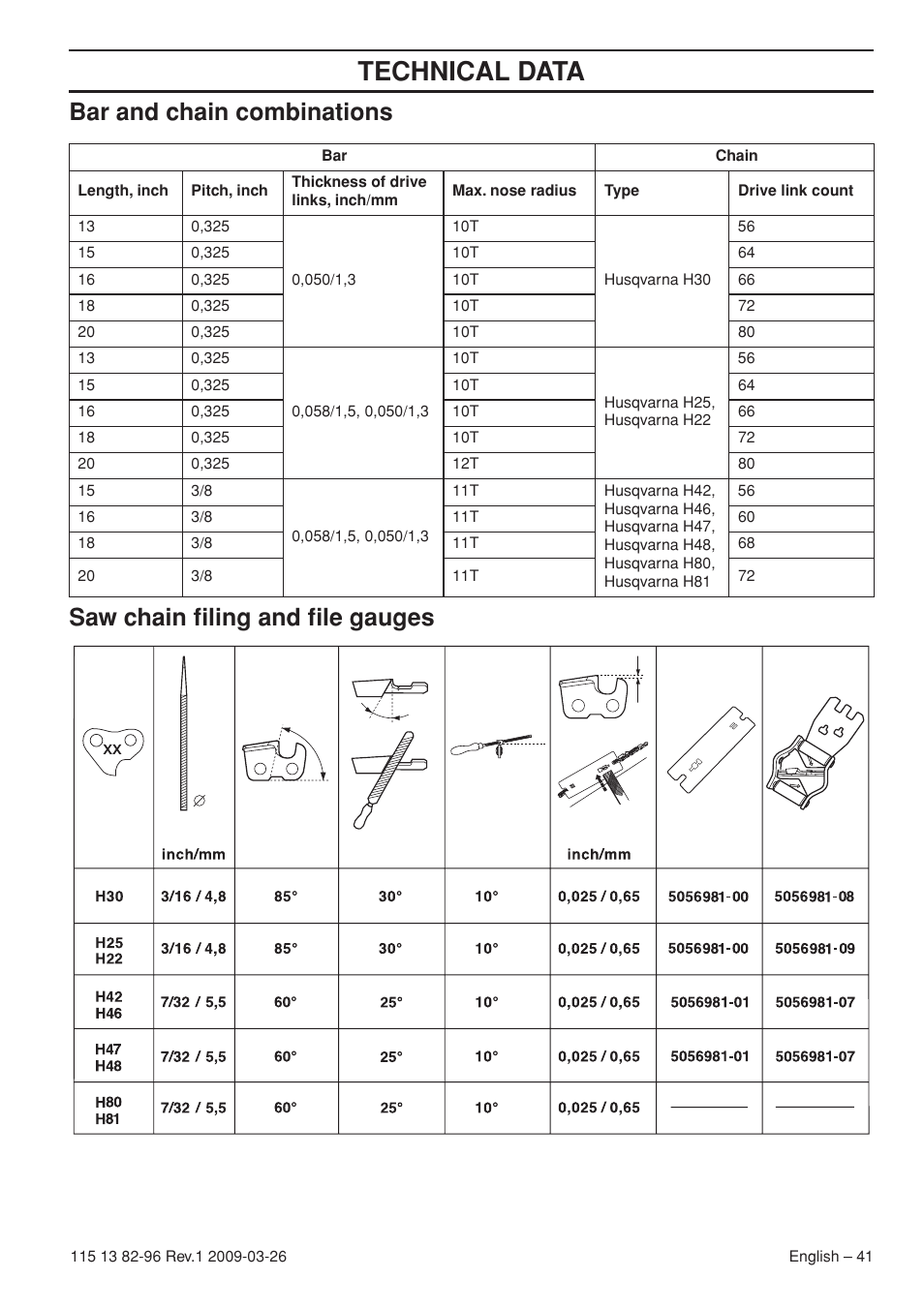 Bar and chain combinations, Saw chain filing and file gauges, Technical data | Husqvarna 115 13 82-96 User Manual | Page 41 / 92