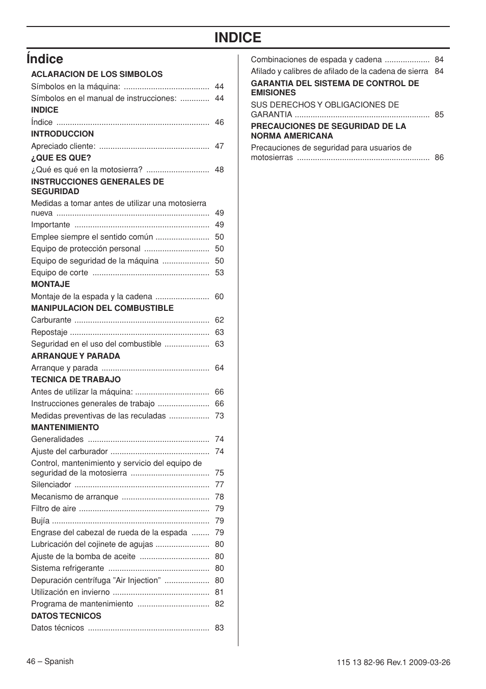 Índice, Indice | Husqvarna 115 13 82-96 User Manual | Page 46 / 92