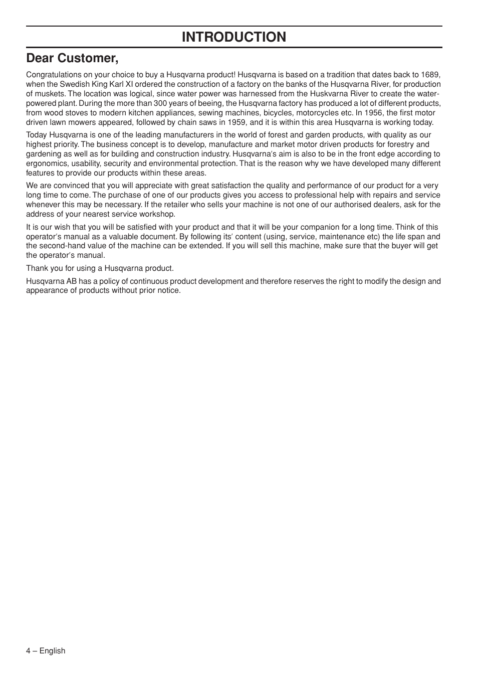 Dear customer, Intr oduction | Husqvarna 323HD60 User Manual | Page 4 / 28