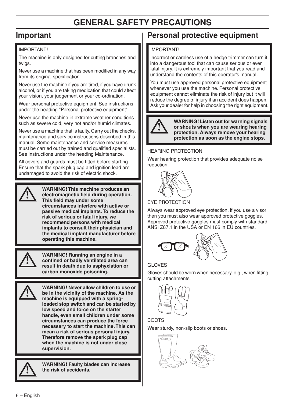 Important, Personal protective equipment, General safety preca utions | Impor tant personal protective equipment | Husqvarna 323HD60 User Manual | Page 6 / 28