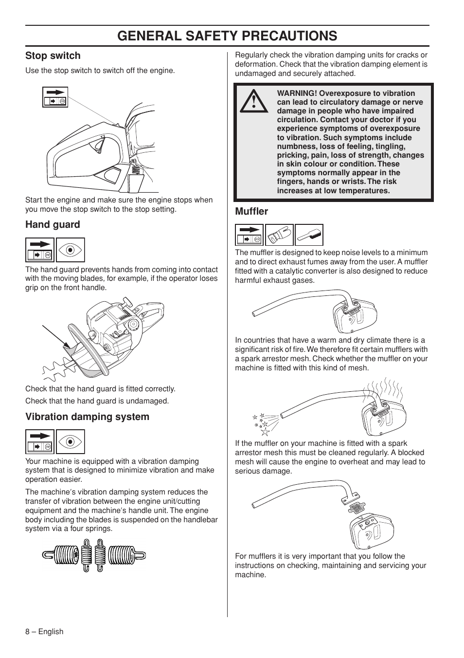 Stop switch, Hand guard, Vibration damping system | Muffler, General safety preca utions | Husqvarna 323HD60 User Manual | Page 8 / 28