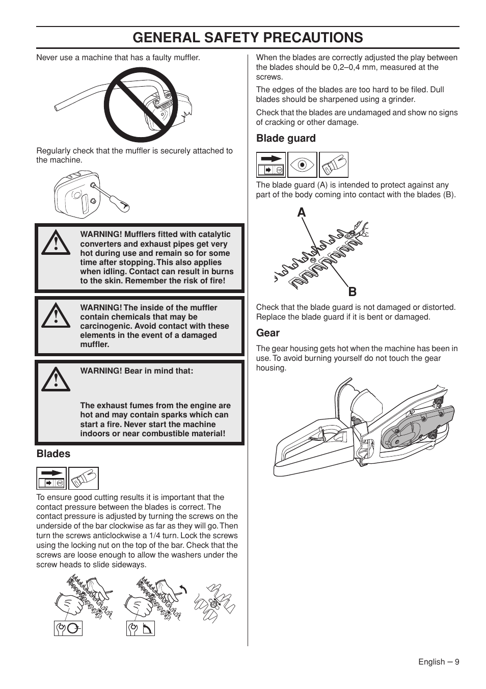 Blades, Blade guard, Gear | General safety precautions | Husqvarna 323HD60 User Manual | Page 9 / 28