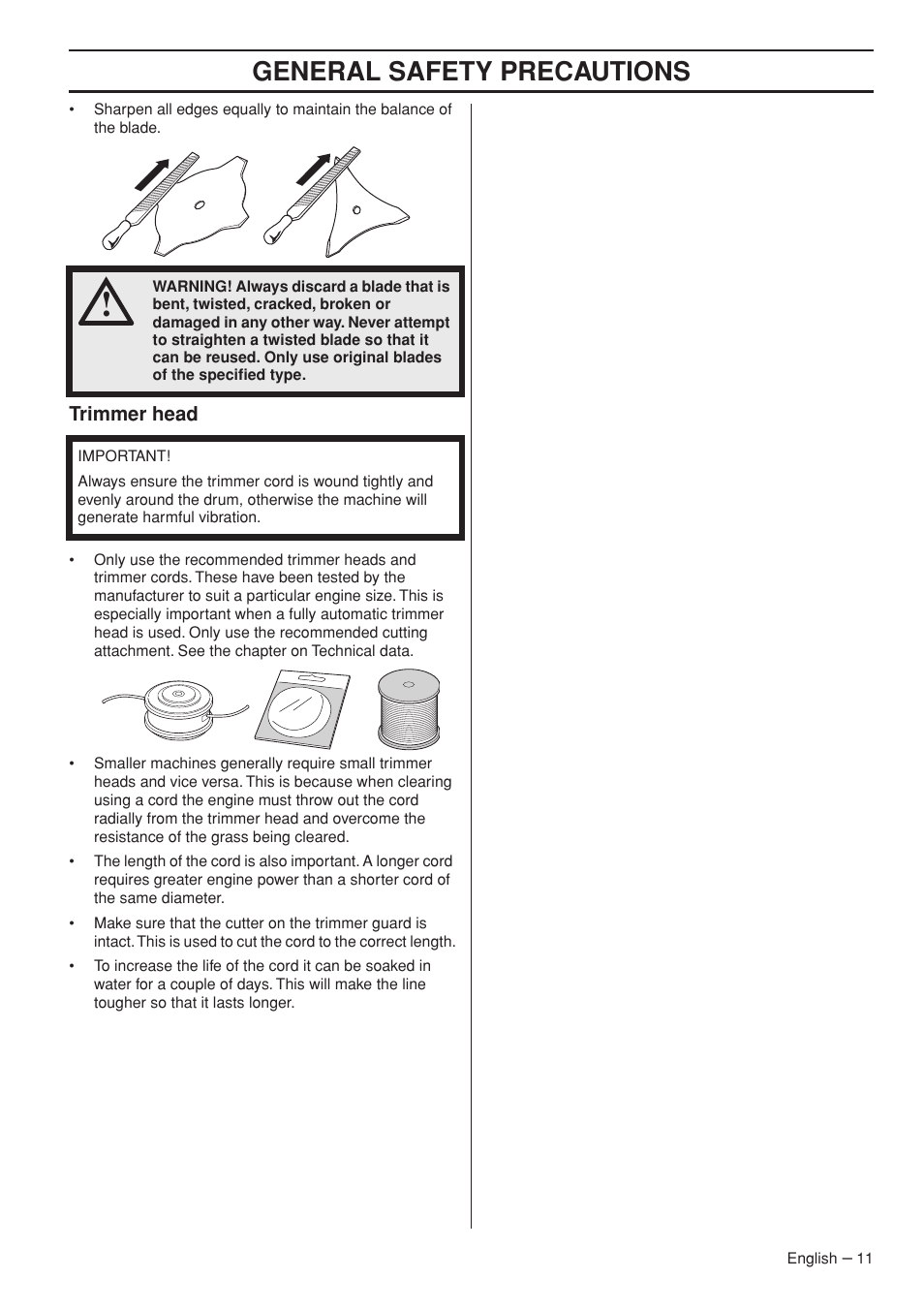 Trimmer head, General safety precautions | Husqvarna Operator's Manual 335RJx User Manual | Page 11 / 36