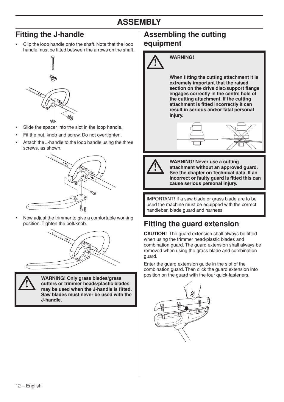Fitting the j-handle, Assembling the cutting equipment, Fitting the guard extension | Assembly | Husqvarna Operator's Manual 335RJx User Manual | Page 12 / 36
