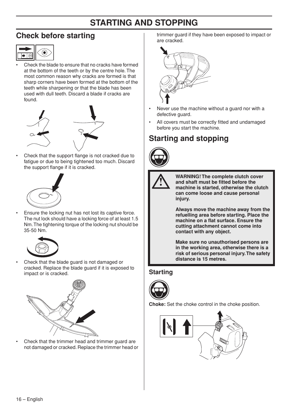 Check before starting, Starting and stopping, Starting | Husqvarna Operator's Manual 335RJx User Manual | Page 16 / 36