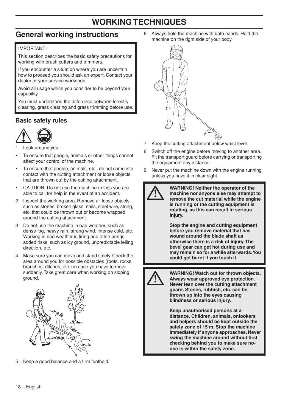 General working instructions, Basic safety rules, Working techniques | Husqvarna Operator's Manual 335RJx User Manual | Page 18 / 36