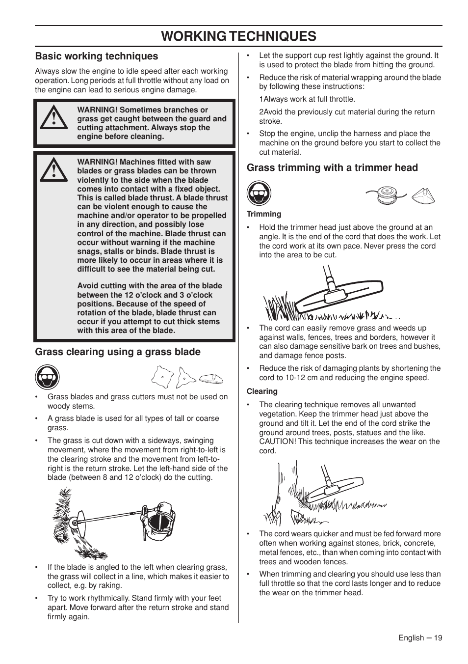 Basic working techniques, Grass clearing using a grass blade, Grass trimming with a trimmer head | Working techniques | Husqvarna Operator's Manual 335RJx User Manual | Page 19 / 36