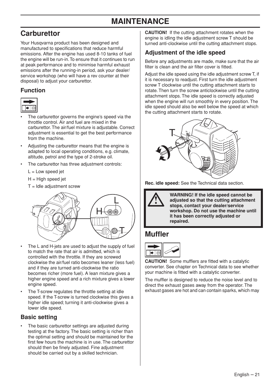 Carburettor, Function, Basic setting | Adjustment of the idle speed, Muffler, Hl t, Maintenance | Husqvarna Operator's Manual 335RJx User Manual | Page 21 / 36