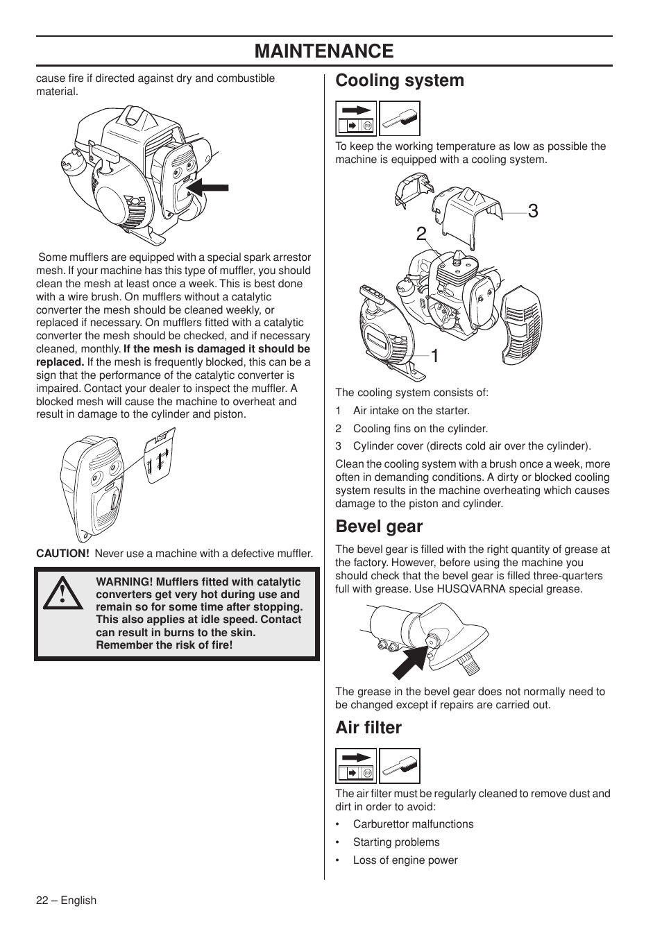 Cooling system, Bevel gear, Air filter | Maintenance | Husqvarna Operator's Manual 335RJx User Manual | Page 22 / 36