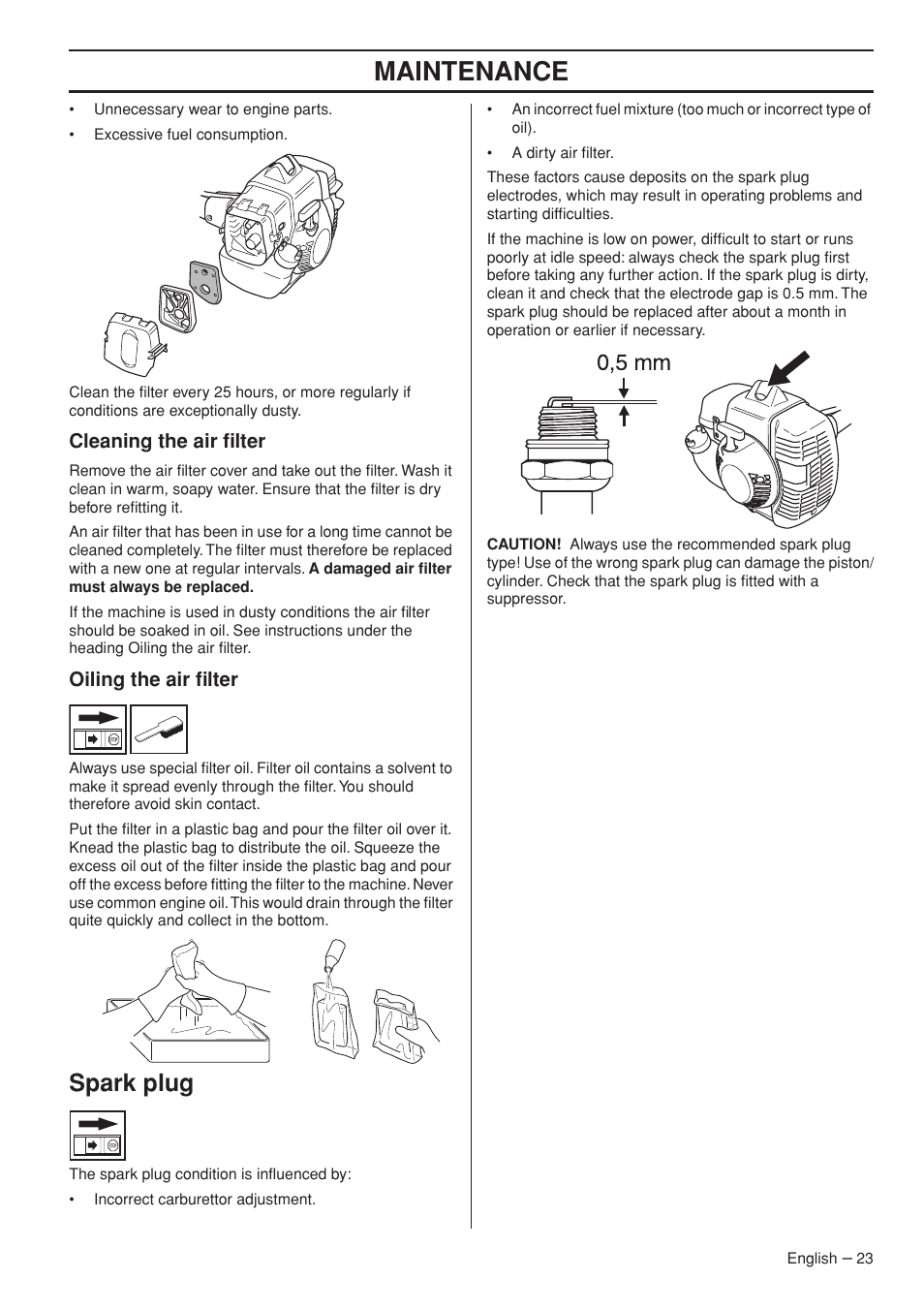 Cleaning the air filter, Oiling the air filter, Spark plug | Maintenance | Husqvarna Operator's Manual 335RJx User Manual | Page 23 / 36