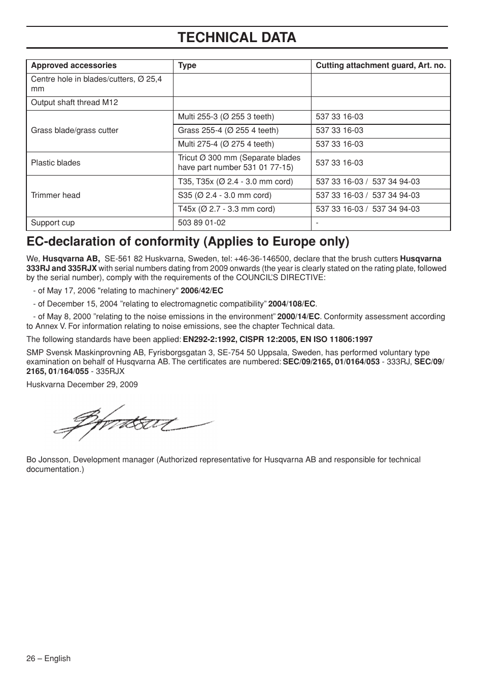 Technical data | Husqvarna Operator's Manual 335RJx User Manual | Page 26 / 36