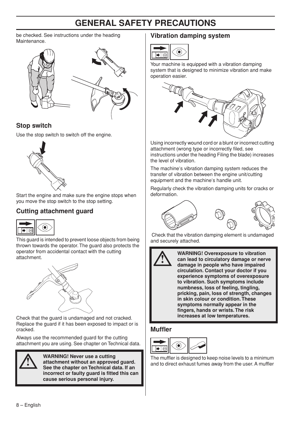 Stop switch, Cutting attachment guard, Vibration damping system | Muffler, General safety preca utions | Husqvarna Operator's Manual 335RJx User Manual | Page 8 / 36