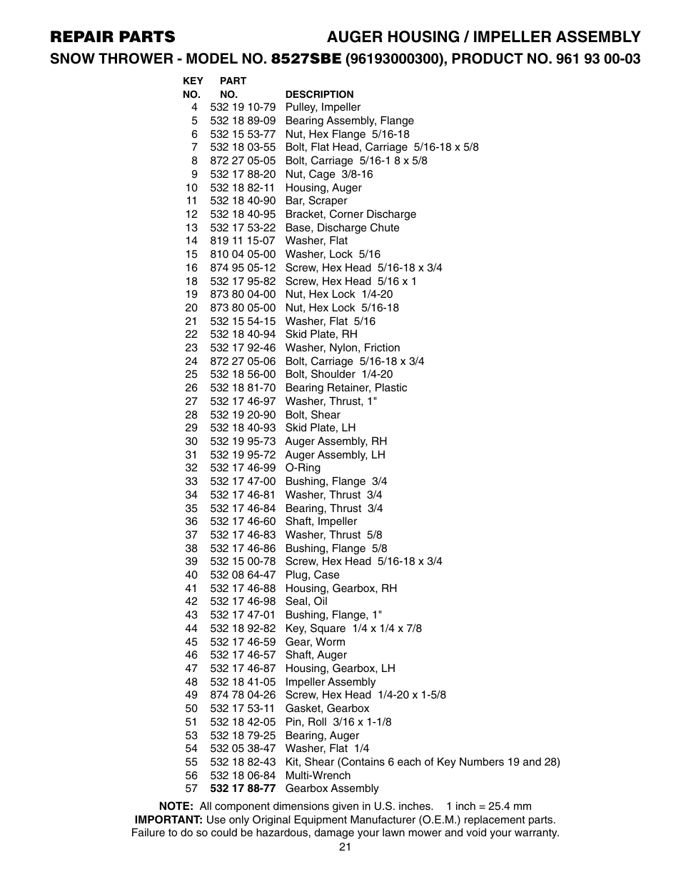 Parts list, Repair parts auger housing / impeller assembly | Husqvarna 8527SBE User Manual | Page 21 / 32