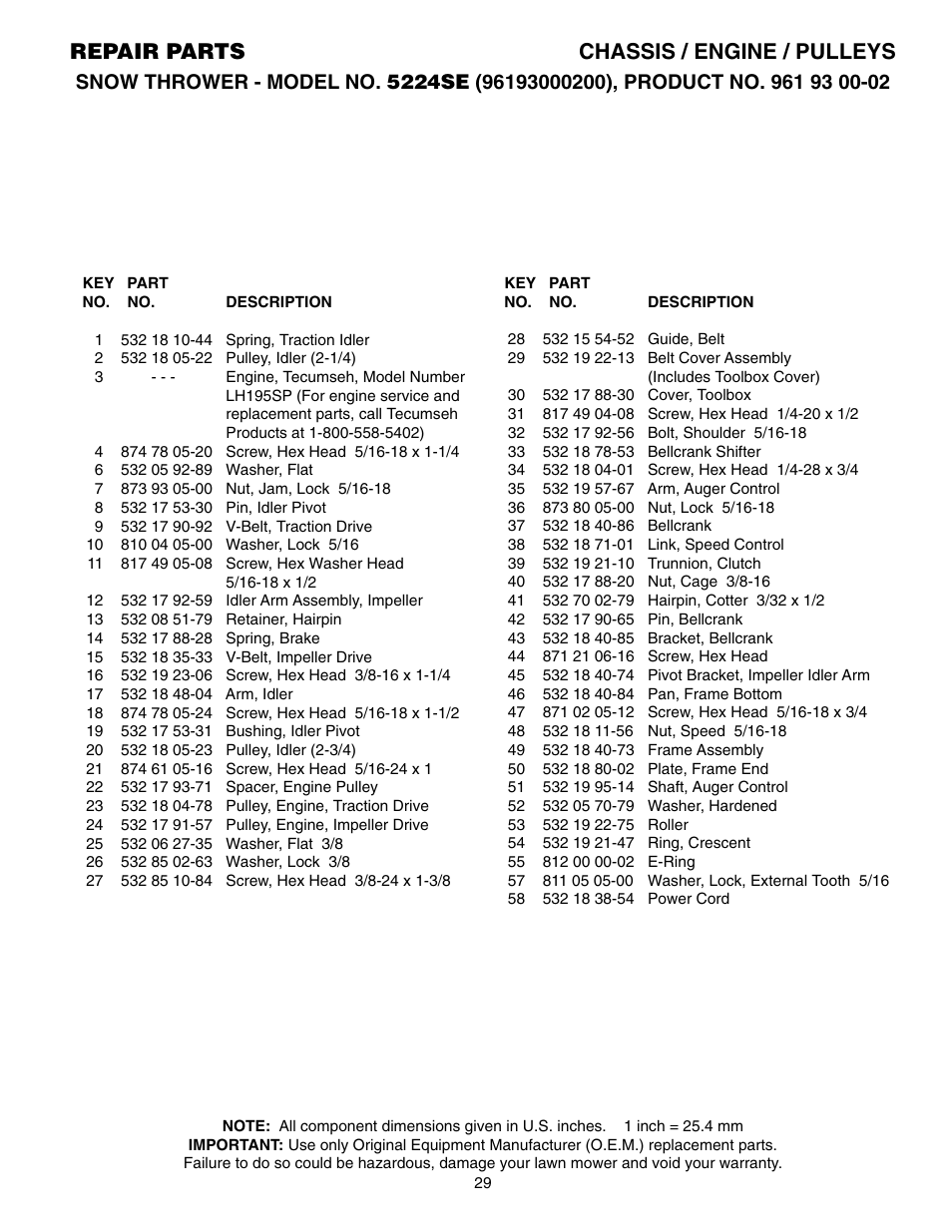 Parts list, Repair parts chassis / engine / pulleys | Husqvarna 5524SE User Manual | Page 29 / 32