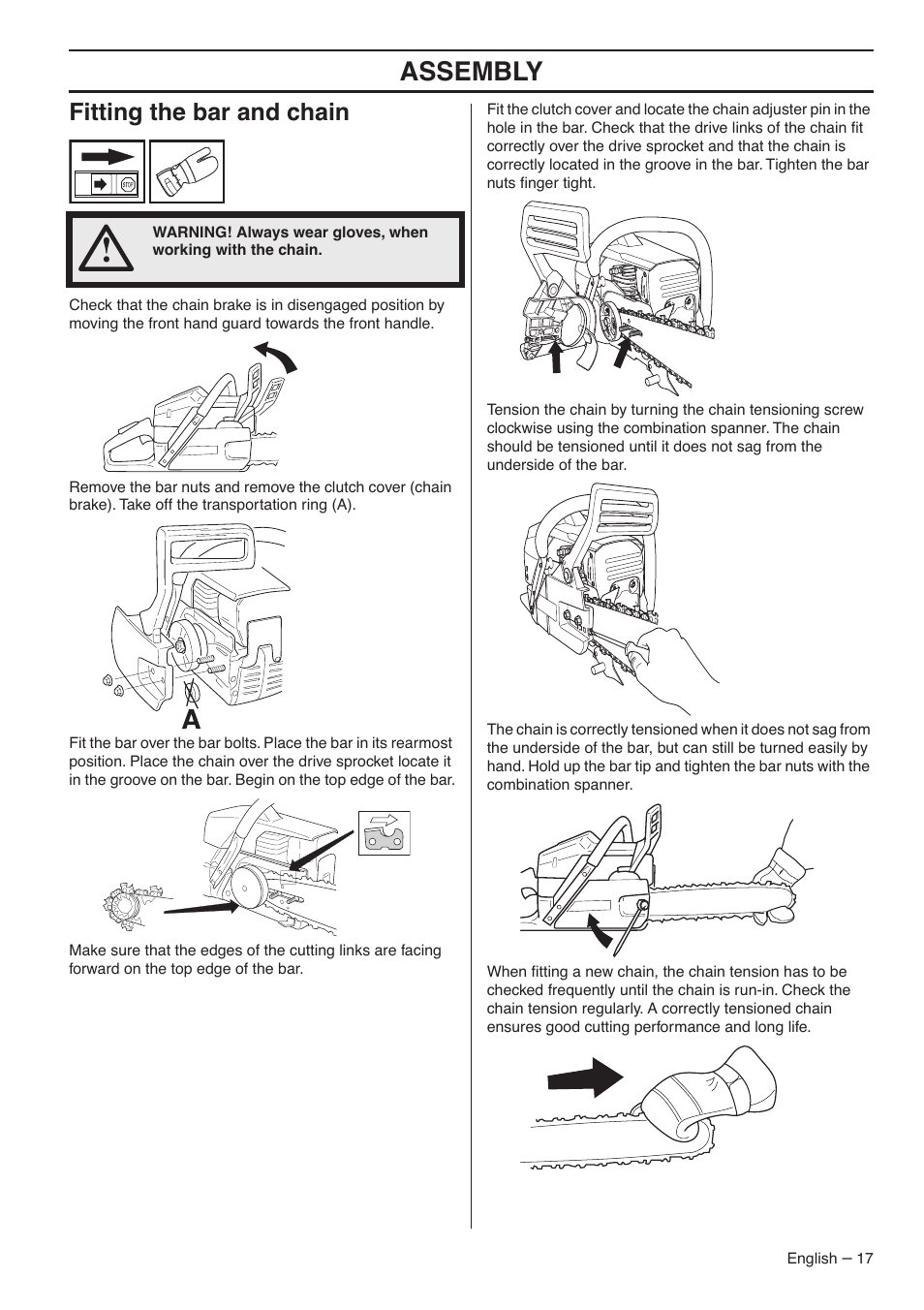 Fitting the bar and chain, Assembly | Husqvarna 1153183-95 User Manual | Page 17 / 44