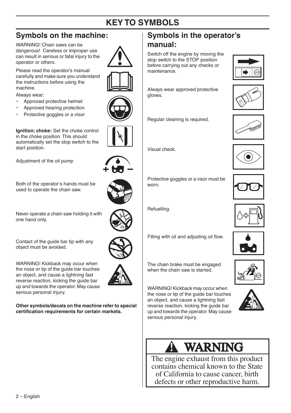 Symbols on the machine, Symbols in the operator’s manual, Key t o symbols | Symbols on the mac hine, Symbols in the operator’ s manual | Husqvarna 1153183-95 User Manual | Page 2 / 44