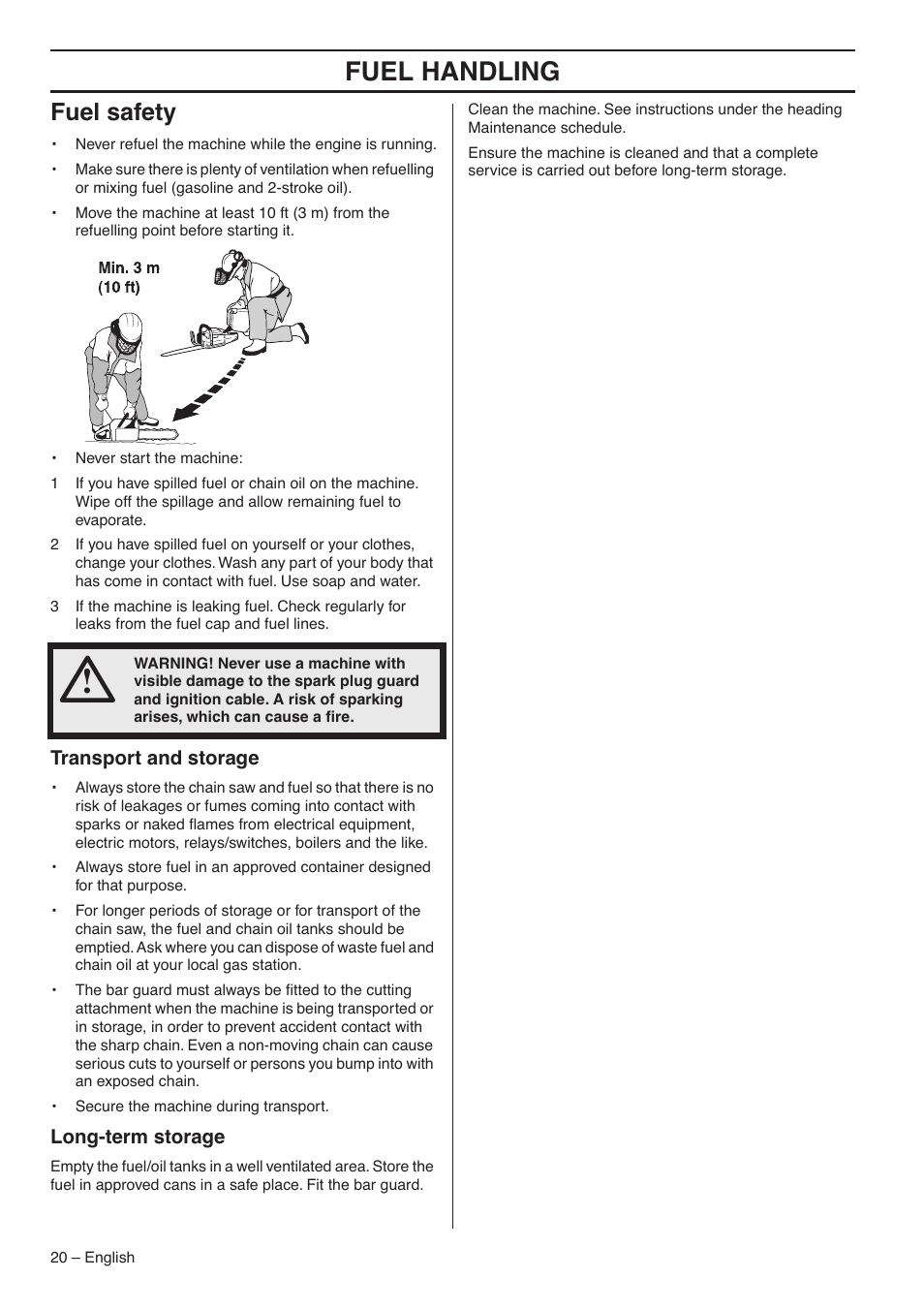 Fuel safety, Transport and storage, Long-term storage | Fuel handling | Husqvarna 1153183-95 User Manual | Page 20 / 44