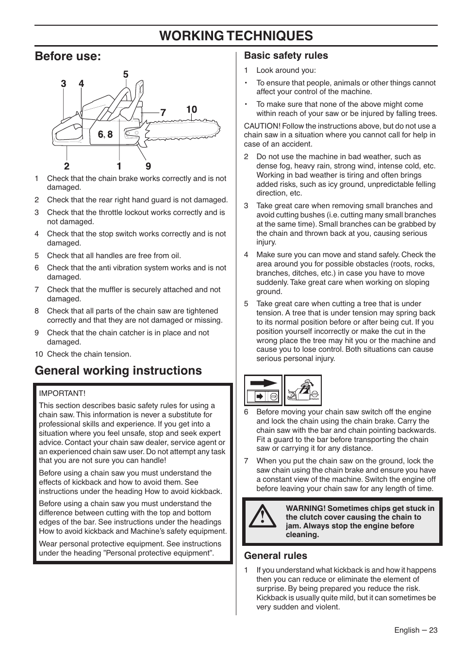 Before use, General working instructions, Basic safety rules | General rules, Working techniques | Husqvarna 1153183-95 User Manual | Page 23 / 44