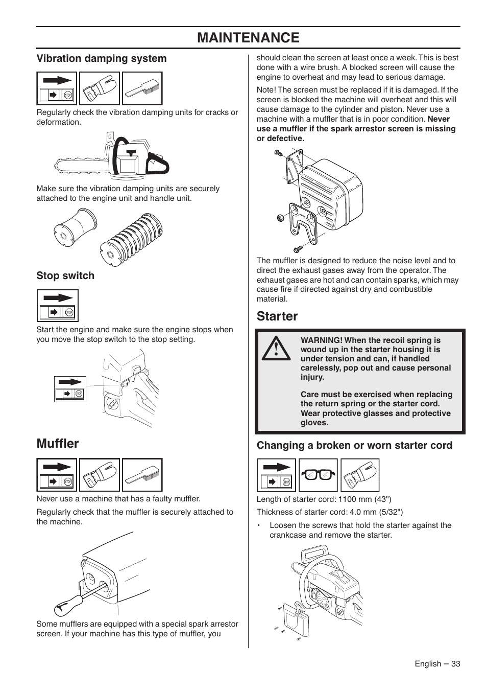 Vibration damping system, Stop switch, Muffler | Starter, Changing a broken or worn starter cord, Maintenance, Mufﬂer | Husqvarna 1153183-95 User Manual | Page 33 / 44