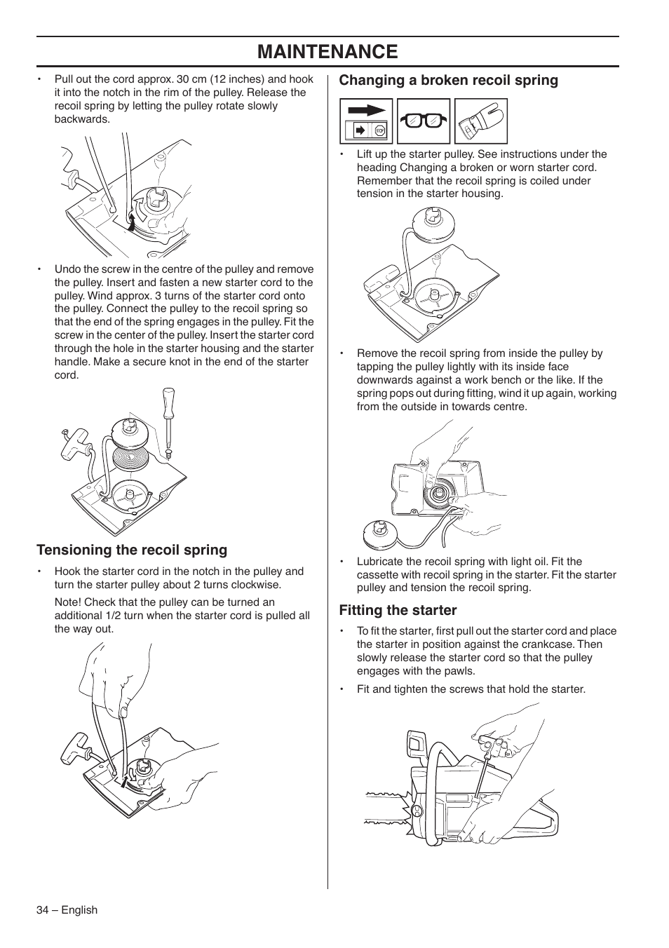 Tensioning the recoil spring, Changing a broken recoil spring, Fitting the starter | Maintenance | Husqvarna 1153183-95 User Manual | Page 34 / 44