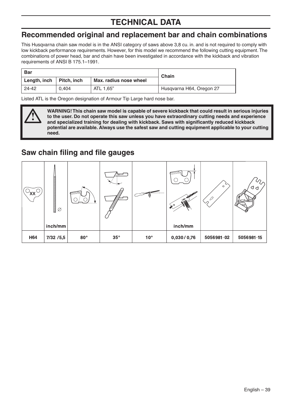 Saw chain filing and file gauges, Technical data, Saw chain ﬁling and ﬁle gauges | Husqvarna 1153183-95 User Manual | Page 39 / 44